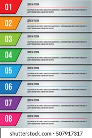 Colorful Set Of Rectangle Horizontal Banner, 8 Progress Steps, Financial/Business Infographic, Number and Text Information Design. Vector Illustration.