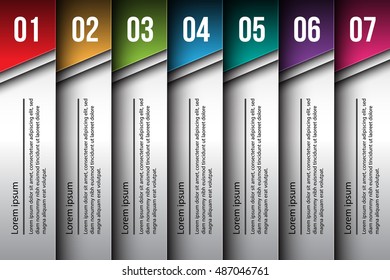 Colorful Set Of Rectangle Vertical Banner, 7 Progress Steps, Financial/Business Infographic, Number and Text Information Design. Vector Illustration.