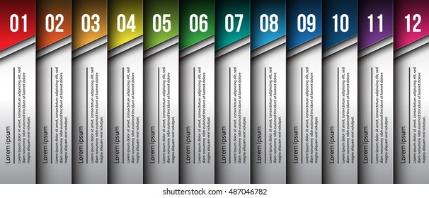 Colorful Set Of Rectangle Vertical Banner,  12 Progress Steps, Financial/Business Infographic, Number and Text Information Design. Vector Illustration.