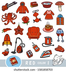 Colorful set of red color objects. Visual dictionary for children about the basic colors. Cartoon images to learning in kindergarten and preschool