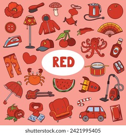 Colorful set of red color objects. Visual dictionary for children about the basic colors. Square cartoon sheet with isolated images to learning for kindergarten and preschool learning