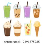 Colorful set of refreshing drinks and desserts. Smoothies, bubble tea, iced coffee, lemonade, milkshake, and ice cream cone. Cute cartoon illustration for summer, menu, or cafe design.