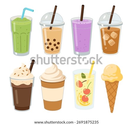 Colorful set of refreshing drinks and desserts. Smoothies, bubble tea, iced coffee, lemonade, milkshake, and ice cream cone. Cute cartoon illustration for summer, menu, or cafe design.