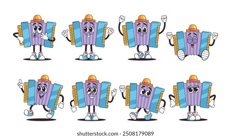 Colorful Set Of Retro Accordion Musical Instrument Cartoon Characters With Various Facial Expressions And Poses