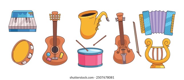 Colorido Conjunto De Instrumentos Musicales Retro Que Incluyen Piano, Guitarra, Saxofón, Violín Y Batería, Arpa Y Pandereta