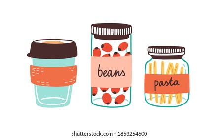 Colorful set of reusable containers with food ingredients and eco coffee cup isolated on white. Durable kitchenware made from sustainable materials. Vector illustration in flat cartoon style