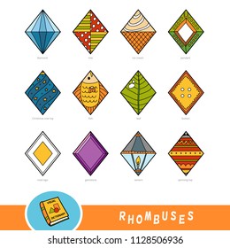 Colorful set of rhombus shape objects. Visual dictionary for children about geometric shapes. Education set for studying geometry.