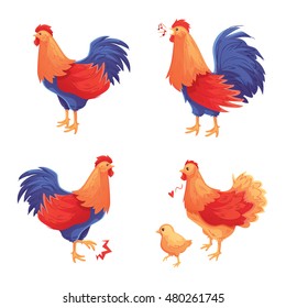Colorful set of rooster, hen and baby chick, cartoon style vector illustration isolated on white background. Male and female chicken standing, walking and singing