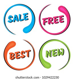 Colorful set of round frame. Label with inscription SALE, FREE, BEST, NEW. Vector illustration