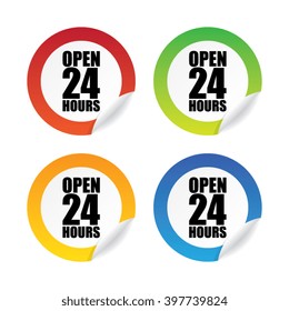 Colorful Set of Round Open 24 Hours Sticker Label