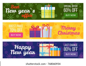 Colorful set of sale banners best price buy now vector illustration with beautiful gift boxes with color ribbons and bows isolated on snowy backgrounds