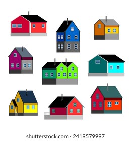 Colorful set of scandinavian traditional houses and bungalows. Vector flat illustration isolated on white background.