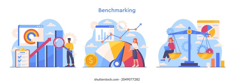 Conjunto colorido con escenas de análisis comparativo sobre fondo blanco. Concepto de desarrollo y mejora de las empresas. Comparar calidad con empresas competidoras. Ilustración vectorial de dibujos animados planos