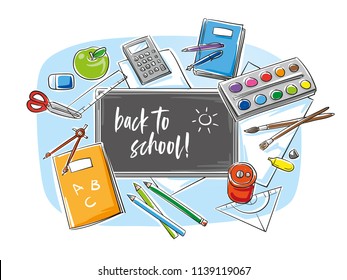 Colorful set of school objects arranged on a desk from top view. Back to school concept. Hand drawn line art cartoon vector illustration