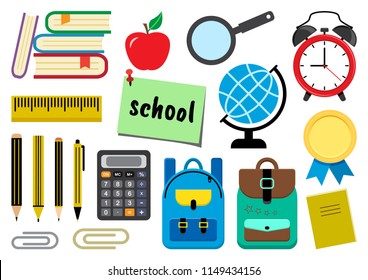 Colorful set of school supplies. Vector illustration