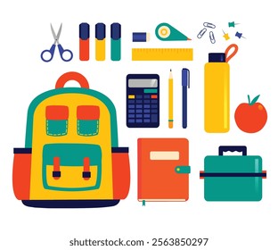 
A colorful set of school supplies in yellow, tosca, red-orange, and dark blue. Includes essentials like a backpack, stationery, and lunchbox. Ideal for school-themed designs or back-to-school events.