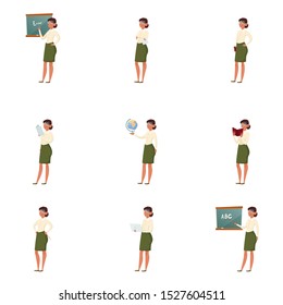 Colorful set of the school teacher. Vector illustration in flat cartoon style