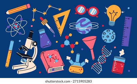 Colorful set of science and chemistry elements. Education concept. Flat vector illustration.