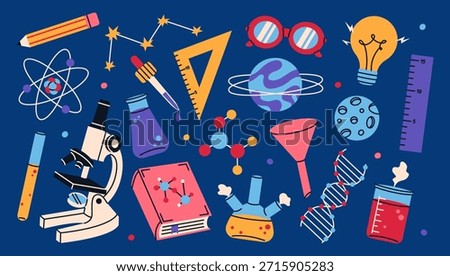 Colorful set of science and chemistry elements. Education concept. Flat vector illustration.