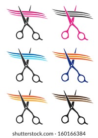 colorful set of scissors cuttig hair strand on white background