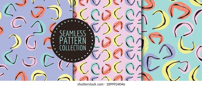 Colorful set of seamless patterns, backgrounds, headers, collages with different shapes and textures. Vector illustrations. Trendy colors