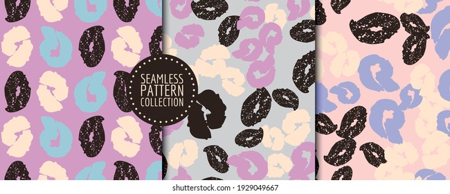 Colorful set of seamless patterns, backgrounds, headers, collages with different shapes and textures. Vector illustrations. Trendy colors