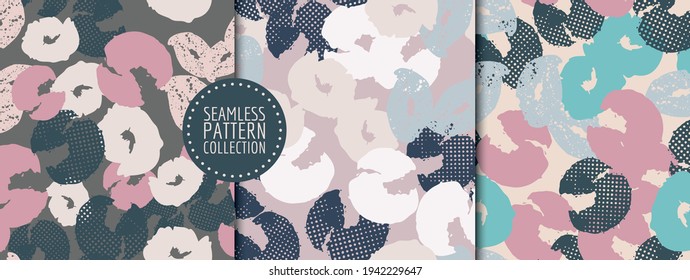 Colorful set of seamless patterns, backgrounds, headers, collages with different shapes and textures. Vector illustrations. Trendy colors