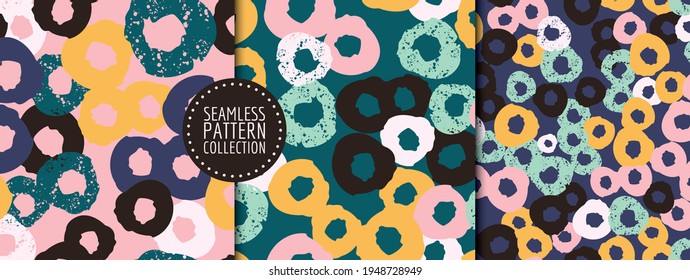 Colorful set of seamless patterns, backgrounds, headers, collages with different shapes and textures. Vector illustrations. Trendy colors