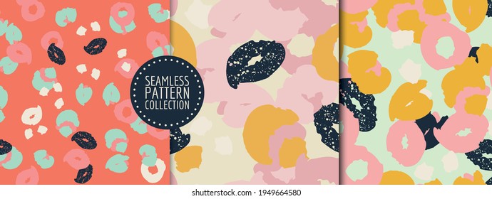 Colorful set of seamless patterns, backgrounds, headers, collages with different shapes and textures. Vector illustrations. Trendy colors