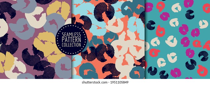 Colorful set of seamless patterns, backgrounds, headers, collages with different shapes and textures. Vector illustrations. Trendy colors