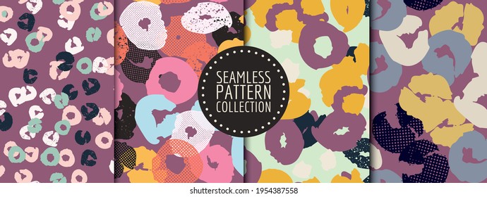 Colorful set of seamless patterns, backgrounds, headers, collages with different shapes and textures. Vector illustrations. Trendy colors