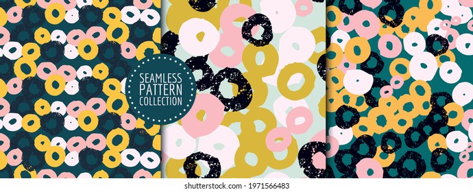 Colorful set of seamless patterns, backgrounds, headers, collages with different shapes and textures. Vector illustrations. Trendy colors