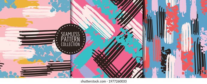 Colorful set of seamless patterns, backgrounds, headers, collages with different shapes and textures. Vector illustrations. Trendy colors