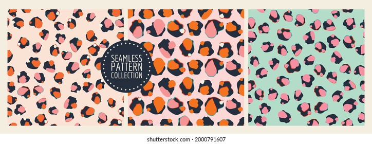 Colorful set of seamless patterns, backgrounds, headers, collages with leopard spots seamless pattern design in vector