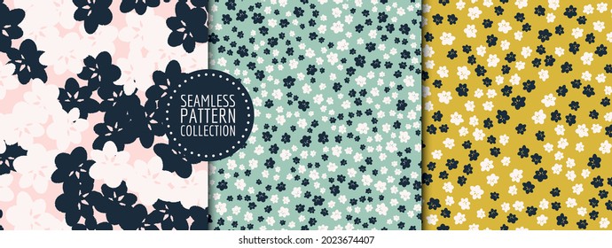 Colorful set of seamless patterns, backgrounds, headers, collages with cute, little flowers. Vector illustrations. Trendy colors