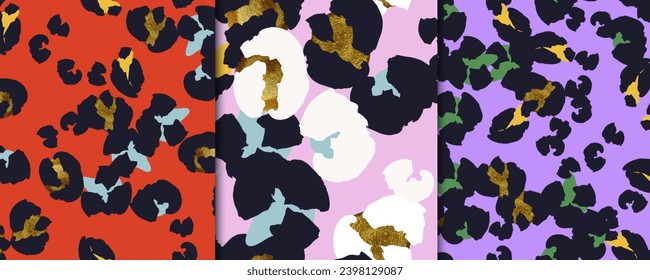 Colorful set of seamless patterns, backgrounds with leopard gold spots in vector
