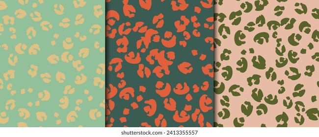 Colorido conjunto de patrones sin costura, fondos con manchas leopardo en el vector