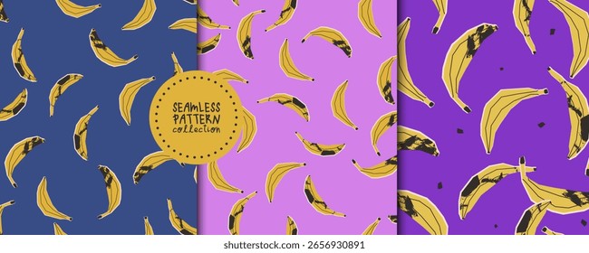 Conjunto colorido con patrones sin costuras con plátanos. Fondos de Vector, impresiones, papel de regalo