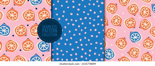 Colorful set with seamless patterns with citruses and dots. Vector cute backgrounds, prints, wrapping papers