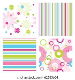 Colorful set of seamless patterns with flowers, thin lines and geometric round shapes. Lovely patterns for scrapbook, craft, home made projects, invitation
 Nice abstract ornamental modern textures