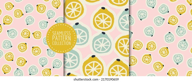 Conjunto colorido con patrones sin fisuras con limones y limas. Vector lindo fondo, imprimir, envolver papel