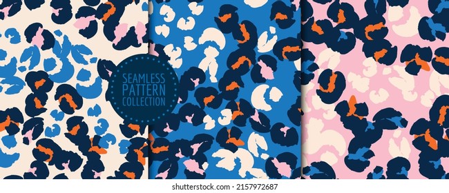 Colorful set with seamless patterns with leopard spots. Vector cute backgrounds, prints, wrapping papers