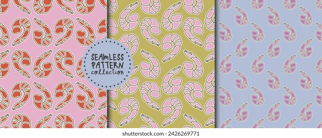 Buntes Set mit nahtlosen Mustern mit geschälten Garnelen. Vektor-Drucke, Hintergründe, Designs im einfachen zeitgenössischen Stil