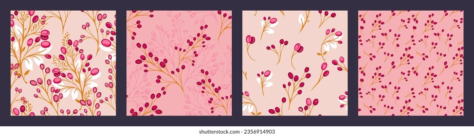 Colorful set of seamless patterns print with vector hand drawn creative, artistic  branch leaves, silhouettes foliage, abstract berries. Templates for design