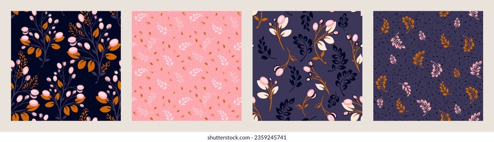 Colorful set of seamless patterns print with vector hand drawn creative, artistic  branch leaves, silhouettes foliage, abstract berries. Templates for design