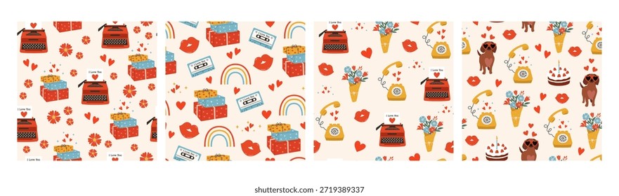Colorful set seamless patterns for Valentine's Day. Love concept. Valentine's day, February 14.  Romantic vector collection.