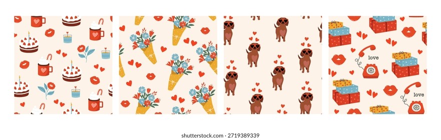 Farbige Set nahtlose Muster für den Valentinstag. Liebeskonzept. Valentinstag, 14. Februar. Romantische Vektorsammlung.