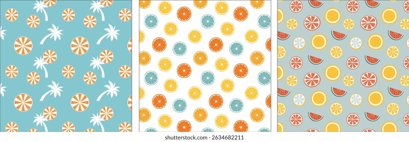A colorful set of seamless summer-themed vector patterns featuring tropical fruits like oranges, lemons, and watermelons, along with palm trees and vibrant seasonal elements.