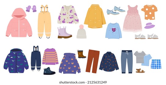 Colorful set of seasonal children clothing. Stickers with jackets and dress, hat, pants and shoes, sweater and shorts. For boys and girls. Cartoon flat vector collection isolated on white background