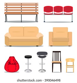 Colorful set of seats. Icon set of modern furniture chair and sofa . Vector. Illustration